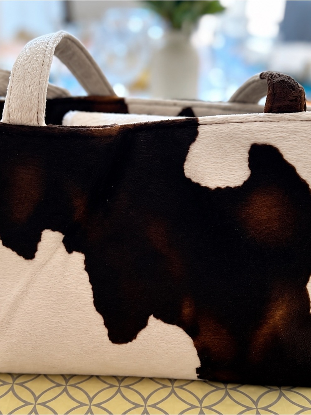 Cow Print Tote Bag Black & White Plaid Lined Handbag